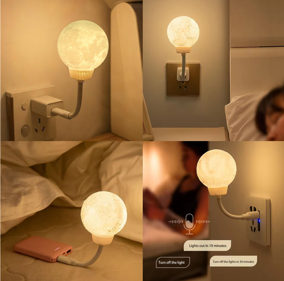 USB Voice-Controlled Moon Night Light – 3 Mode Rotating Ambient Lamp
